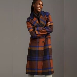 Avec Les Filles Anthropologie Blue and Brown Plaid Wool Blend Long Coat Medium